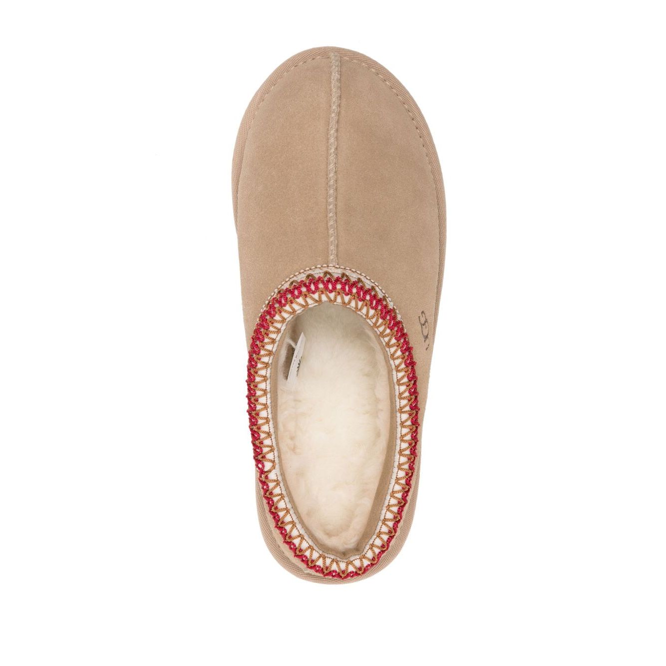 UGG Australia Sandals Beige - Tobacco Brown Suede, Embroidered Edge, Branded Footbed, Fleece Lining, Vulcanised-Rubber Sole