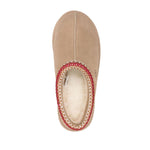 UGG Australia Sandals Beige - Tobacco Brown Suede, Embroidered Edge, Branded Footbed, Fleece Lining, Vulcanised-Rubber Sole