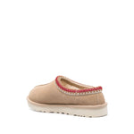 UGG Australia Sandals Beige with tobacco brown suede, embroidered edge, and vulcanised-rubber sole, showcasing back view and craftsmanship.