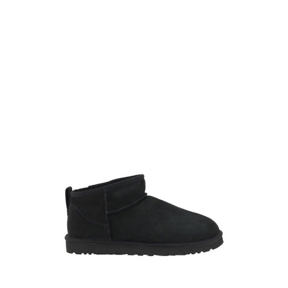 UGG Black Goatskin Ankle Boots with knurled sole and shearling lining for warmth and style, featuring iconic monogram on the heel.