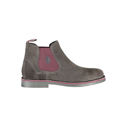 U.S. POLO ASSN. Gray Leather Mens Ankle Boot with elastic panels and logo, showcasing contrasting details and sleek silhouette.