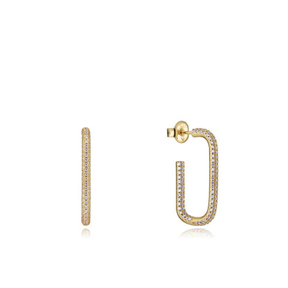 Elegant gold diamond-studded hoop earrings on white background