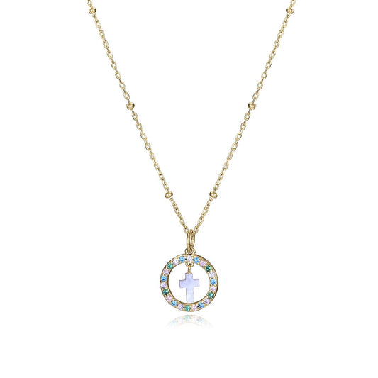Elegant cross pendant necklace with gold chain and colorful stones, perfect for women's fashion and spiritual elegance.