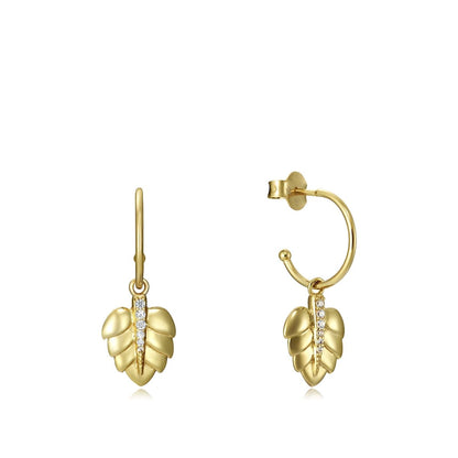 Gold leaf-shaped earrings with diamond accents on white background.