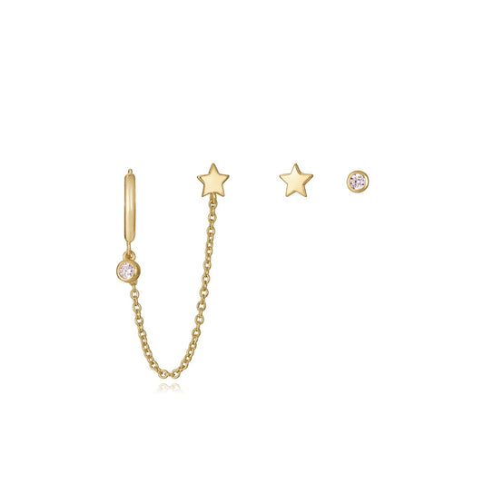 Gold star and chain earrings with diamond accents, elegant and stylish jewelry piece, front view on white background.