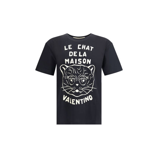 Valentino Black Cotton T-Shirt featuring Le Chat De La Maison graphic print, ribbed crew neck for casual elegance, 100% cotton, AW25 season.