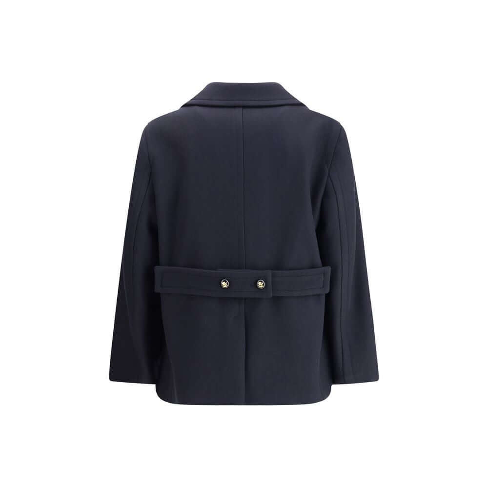 Rear view of Valentino Blue Fleece Wool Coat with button detailing and classic tailoring, perfect for a stylish winter wardrobe.