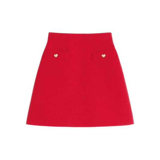 Valentino Crepe Couture Skirt in red with heart motif faux pockets, wool and silk blend, featuring a concealed side zip fastening.