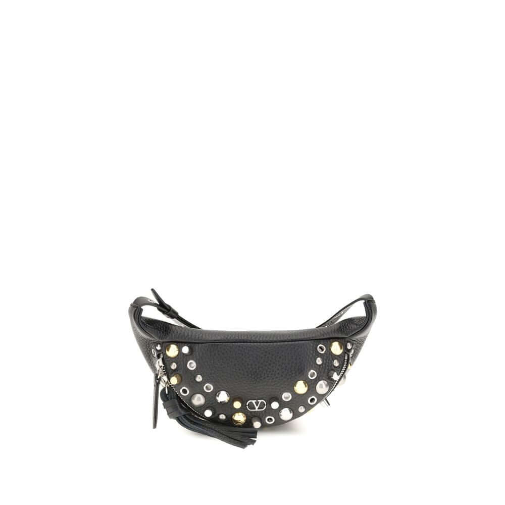 Valentino Garavani Black Calf Leather Bos Taurus Shoulder Bag with studs and VLogo detail, AW25 collection, front view.