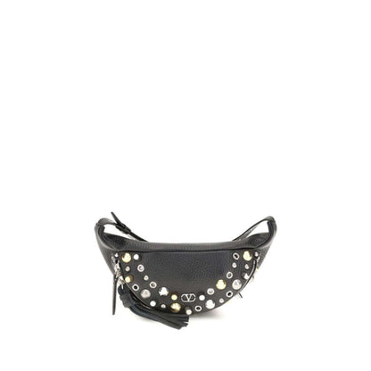 Valentino Garavani Black Calf Leather Bos Taurus Shoulder Bag with studs and VLogo detail, AW25 collection, front view.