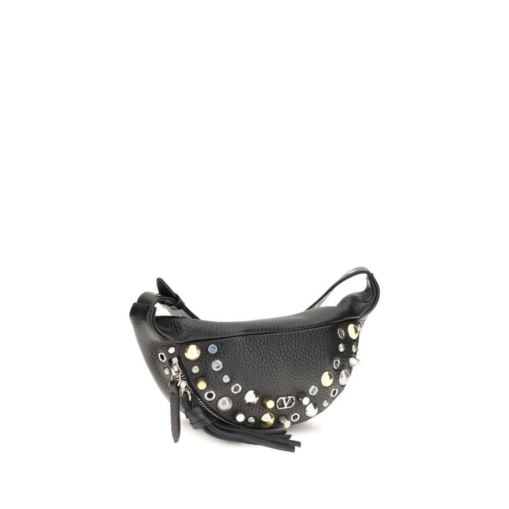 Valentino Garavani Black Calf Leather Bos Taurus Shoulder Bag with studs and VLogo, adjustable belt, perfect for a gritty style.