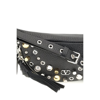 Valentino Garavani Black Calf Leather Bos Taurus Shoulder Bag with metallic VLogo and stud embellishments, zipper closure visible.