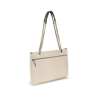 Valentino Garavani Cream Calf Leather Bos Taurus Shoulder Bag with chain handle, VLogo, and back slit pocket with zipper closure.