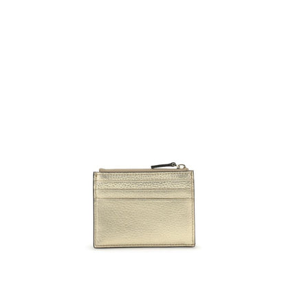 Valentino Garavani Gold Calf Leather Bos Taurus Wallet with Rockstuds, featuring a zippered pocket and four card slots, AW25 collection.