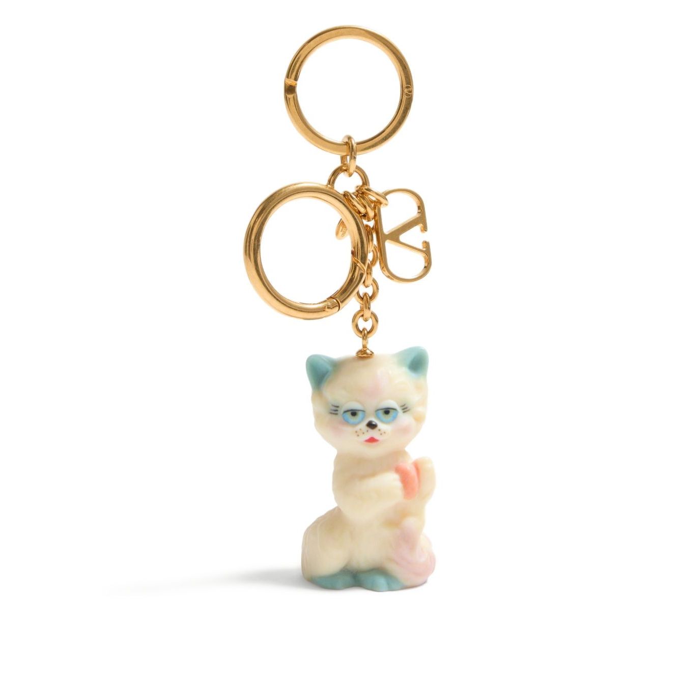 Valentino Garavani Le Chat De La Maison Nylon Bag Charm with Keychain featuring light beige cat and V logo charm.