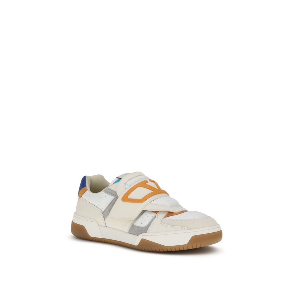 Valentino Garavani Multicolor Calf Leather Bos Taurus Athletic Sneakers with suede panels and green accents, side view.