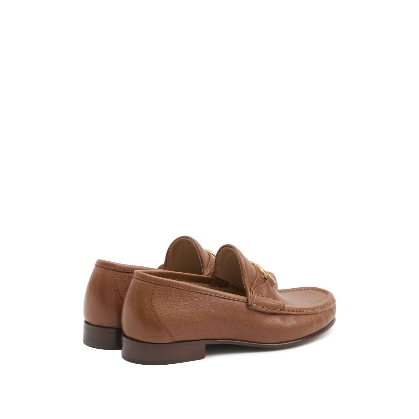 Valentino Garavani VLogo Signature loafers in foliage brown leather, flat sole, penny slot, back view of shoes.