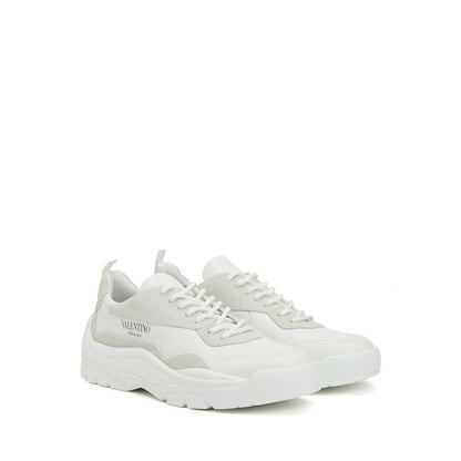 Valentino Garavani White Leather Low Top Sneakers with suede detail and contrast logo, featuring lace-up fastening, men's footwear.