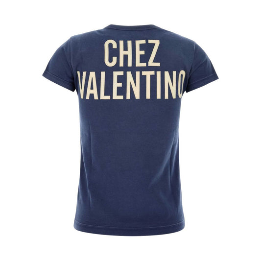 Back view of Valentino Graphic-lettering t-shirt featuring bold beige logo on navy blue cotton with short sleeves.