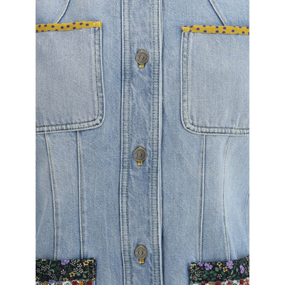 Valentino Light Blue Cotton Denim Jacket with embroidered floral detailing and patch pockets, showcasing elegant button closure.