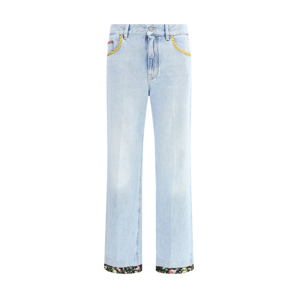 Valentino Light Blue Cotton Straight-Leg Jeans with floral edges, polka dot pockets, and classic five-pocket design for AW25 season.