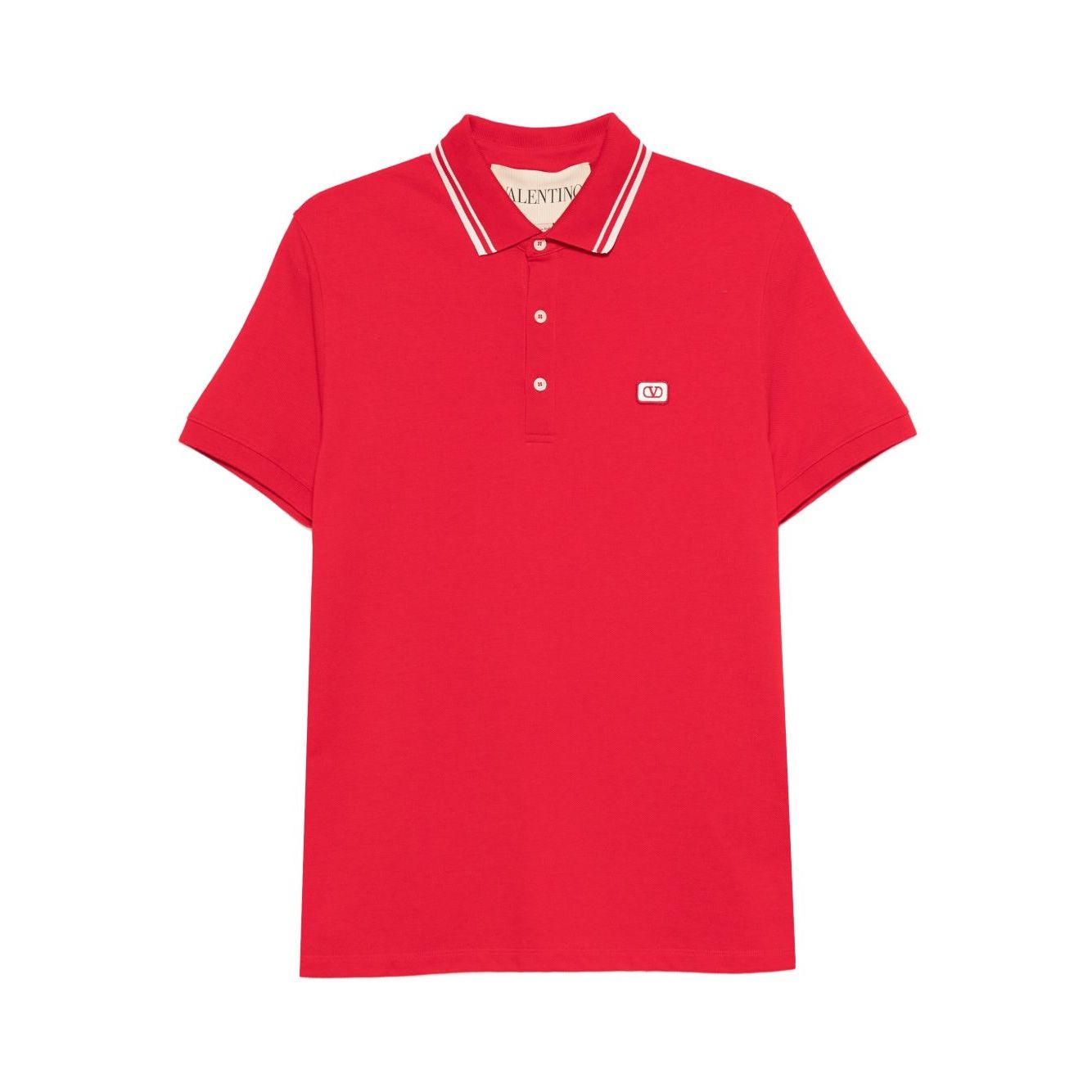 Valentino Striped-collar polo shirt in red with short sleeves, button fastening, and small VLogo Signature. Elegant cotton wear.