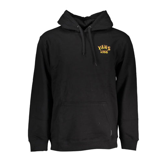 Vans Black Cotton Sweater with hood, long sleeves, central pocket, and printed logo, featuring fleece material. Perfect for casual wear.