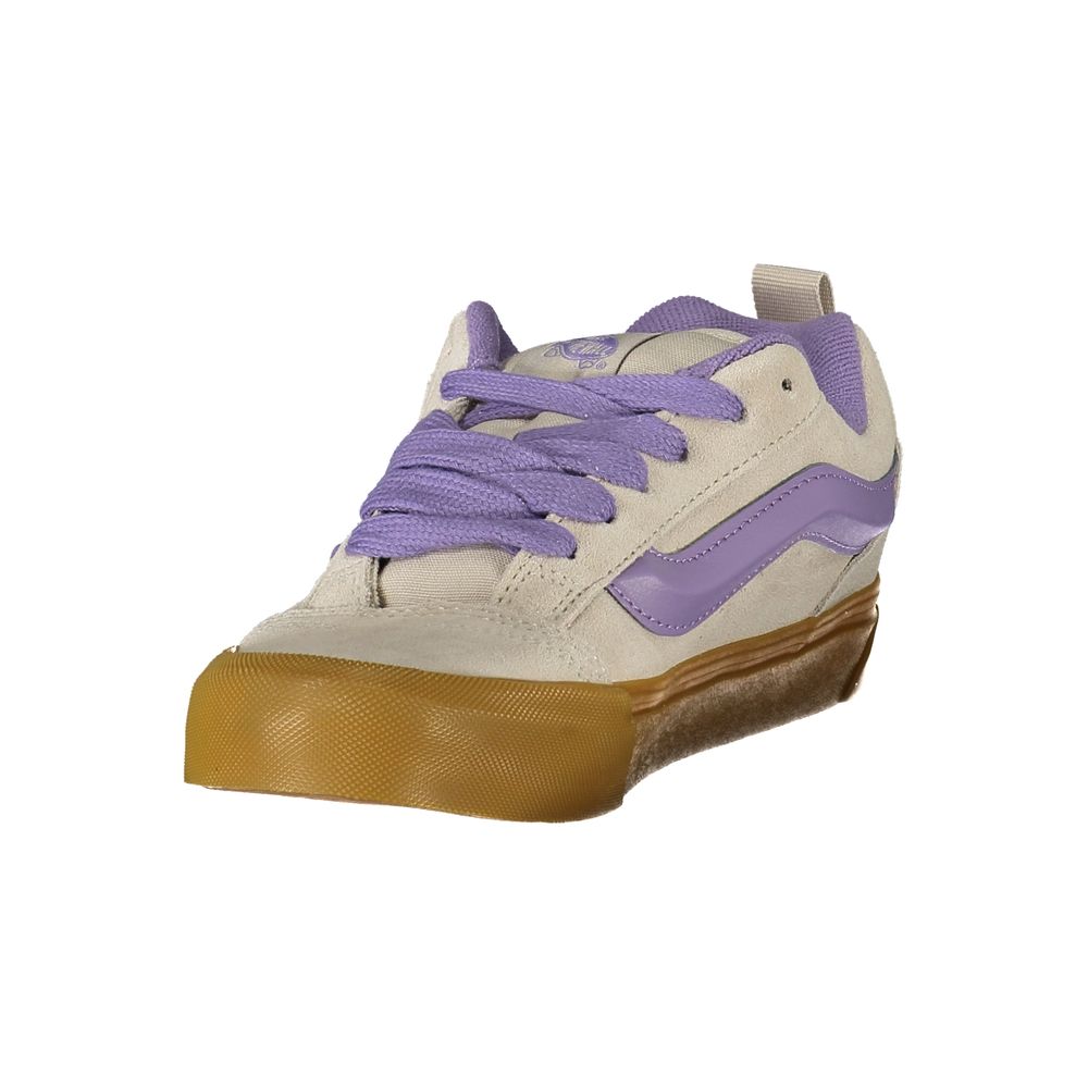 Vans Gray Leather Women Sneaker with Wisteria accents and iconic logo, showcasing comfort and style.
