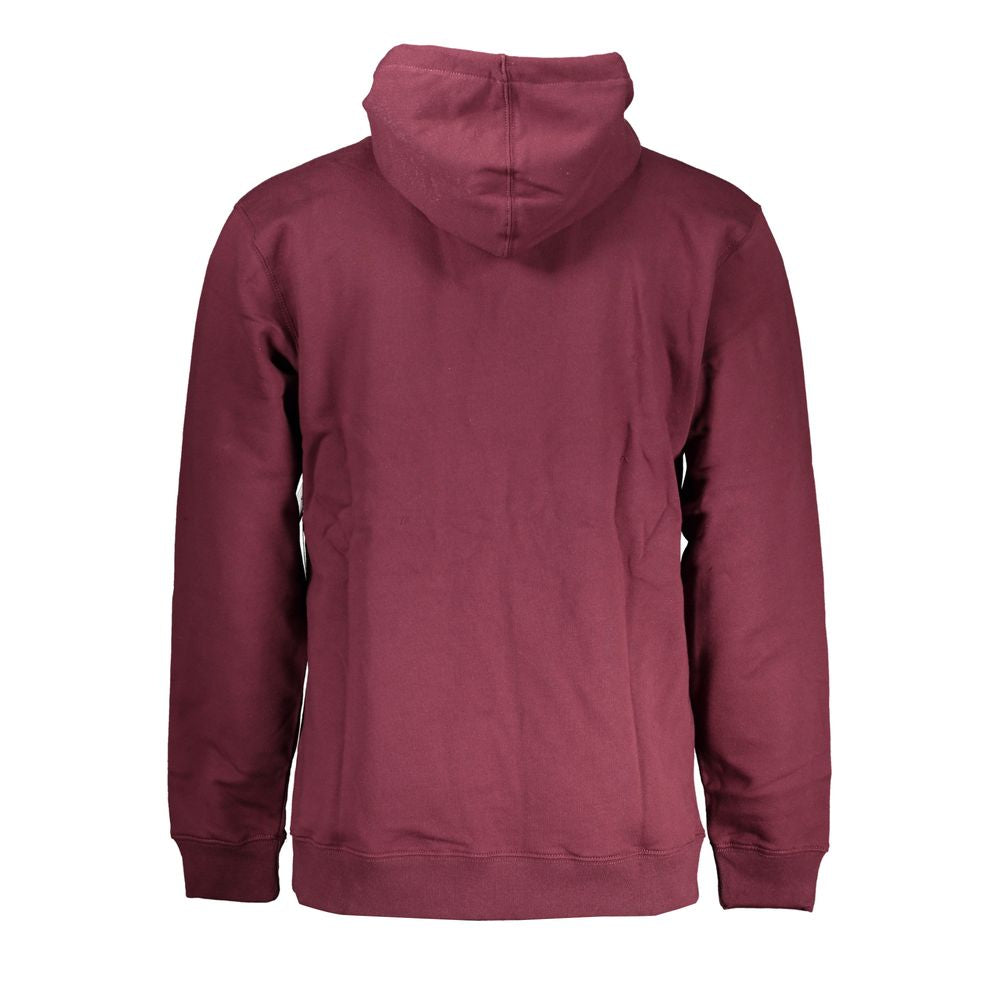 Back view of Vans Red Cotton Men Sweater with Hood, showcasing a bold street style design in vibrant red cotton with a central pocket.