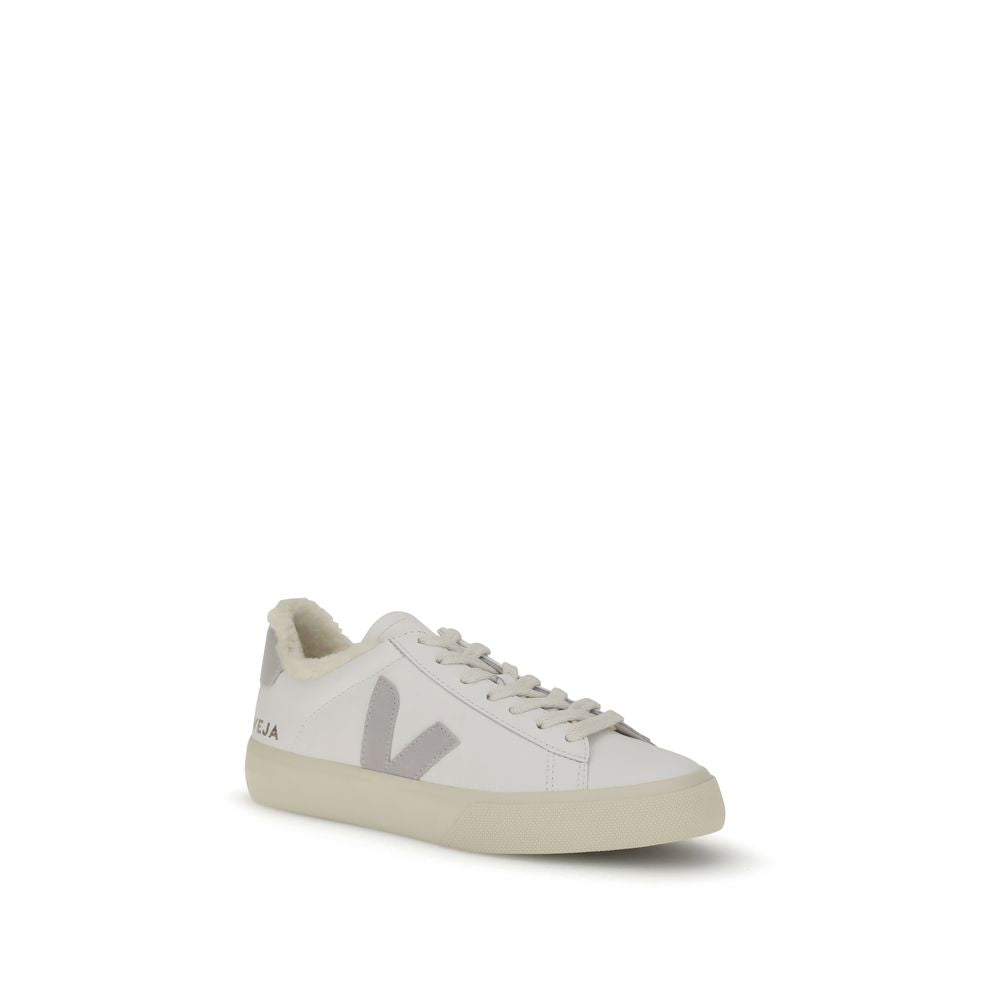 Veja White Calf Leather Bos Taurus Low Top Sneakers with round toe, lace-up closure, and soft fur lining, featuring a 'V' logo patch.