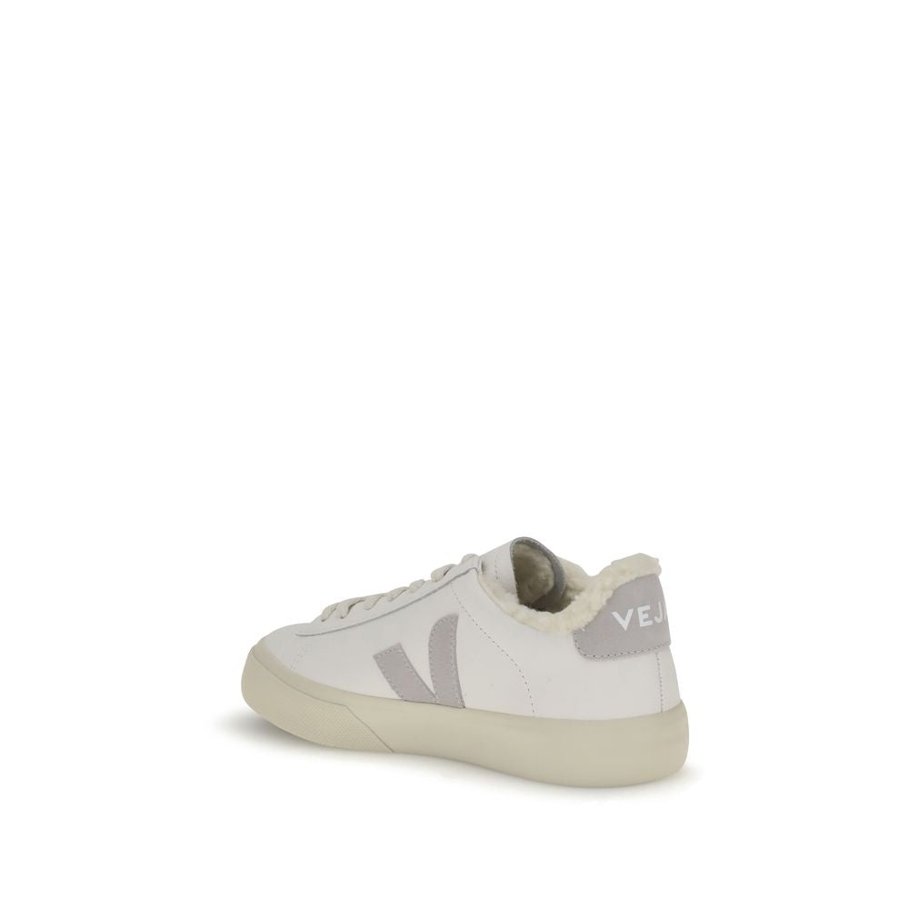 Veja White Calf Leather Bos Taurus Low Top Sneakers with round toe, lace-up closure, fur lining, and "V" logo on the side.