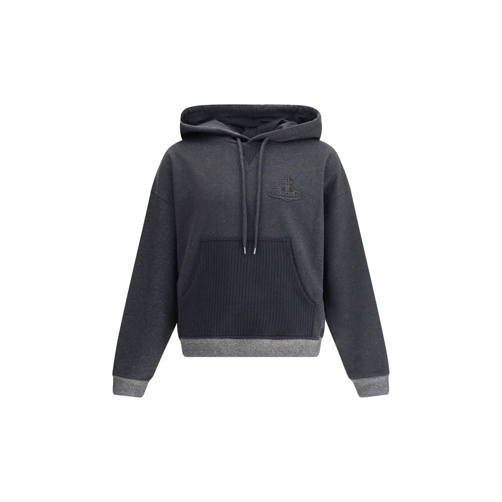 Vivienne Westwood Ashton Hoodie in dark fabric with adjustable drawstring hood and kangaroo pocket, featuring Orbit logo embroidery.