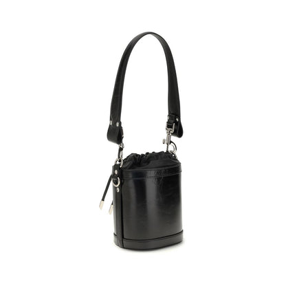 Vivienne Westwood Black Calf Leather Bos Taurus Backet Bag with drawstring closure and Orb metal detail.