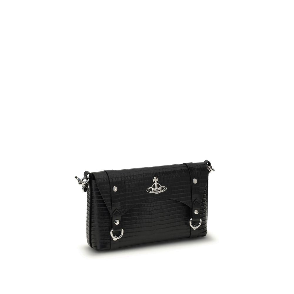 Vivienne Westwood Black Calf Leather Bos Taurus Shoulder Bag with snap button closure and metallic details.