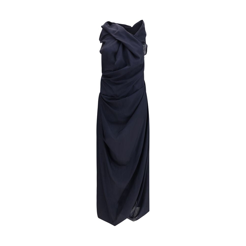 Vivienne Westwood Blue Wool Casual Dress with asymmetric hem and draped halter neckline, featuring a fitted waist and elegant design.