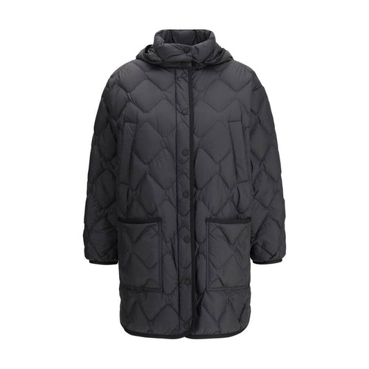 Woolrich Black Polyester Clothing - Heritage Down Jacket with hood, snap closure, patch pockets, knee-length for cold weather.