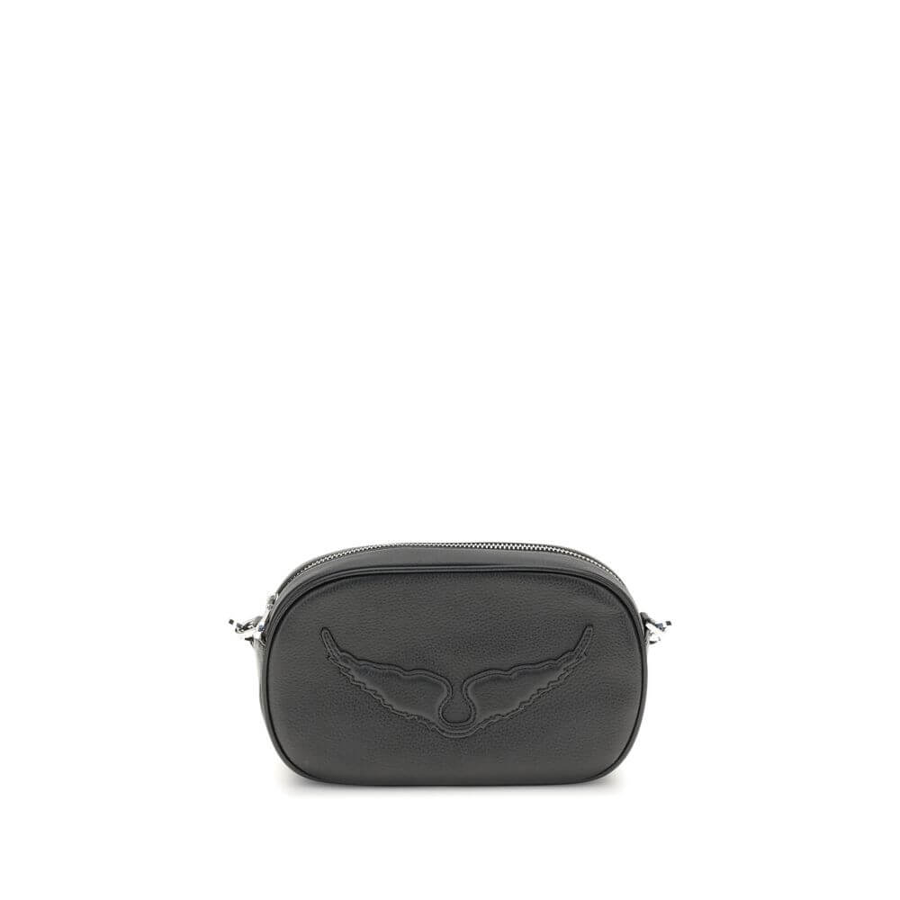 Zadig & Voltaire Black Calf Leather Bos Taurus Shoulder Bag featuring logo and zipper closure.