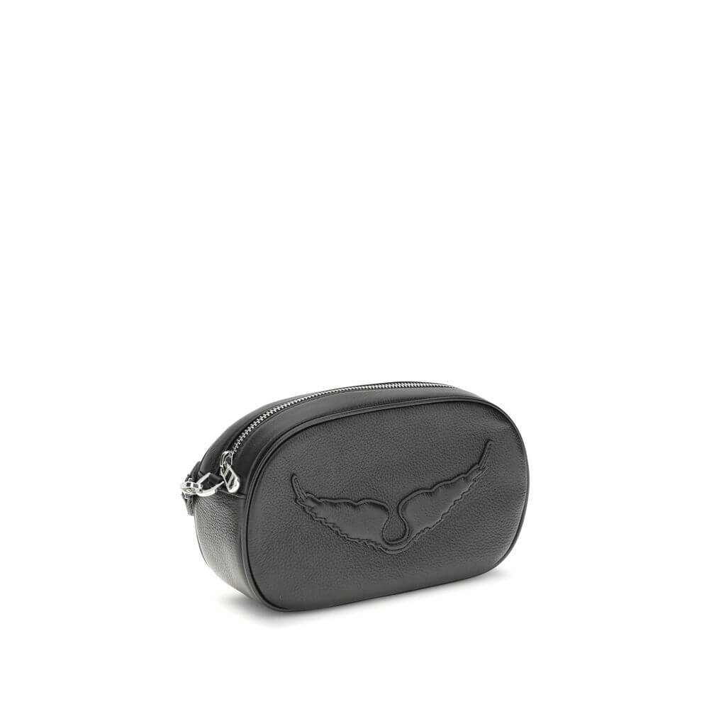Zadig & Voltaire Black Calf Leather Bos Taurus Shoulder Bag with logo, featuring a detachable strap and handy pocket for small items.