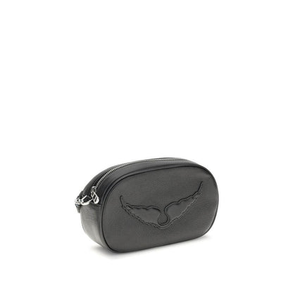 Zadig & Voltaire Black Calf Leather Bos Taurus Shoulder Bag with logo, featuring a detachable strap and handy pocket for small items.