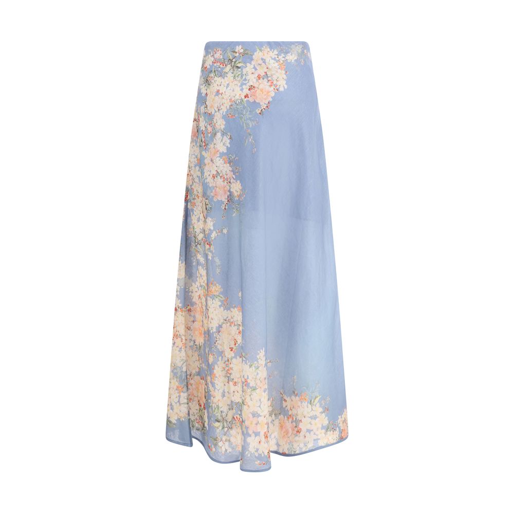 Zimmermann Light Blue Linen Long Skirt with floral print, featuring a flared design and elastic waist, ideal for elegant summer fashion.
