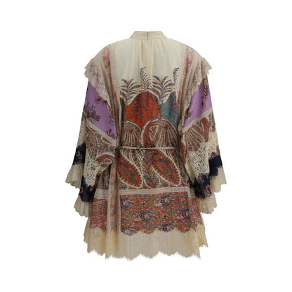 Back view of Zimmermann Multicolor Cotton Casual Dress with wide sleeves, high neck, scalloped hem, and beaded belt detailing.