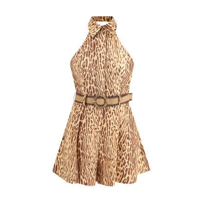Zimmermann Multicolor Linen Casual Dress with leopard print, featuring a raffia belt and elegant design.