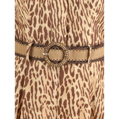 Zimmermann Multicolor Linen Casual Dress with leopard print and raffia belt detail.