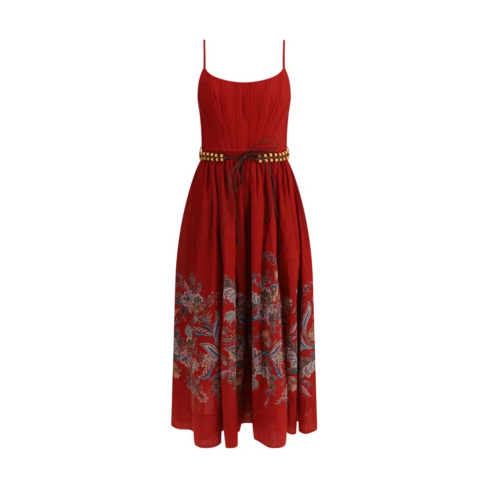 Zimmermann Rhiannon midi Dress with floral pattern, corset style, and gathered waist in red, ideal for summer.