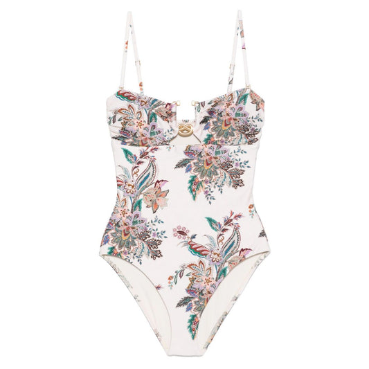 Zimmermann Sea clothing Beige swimsuit with paisley print, adjustable straps, and knot detailing. Rhiannon style, true to size fit.