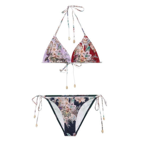 Zimmermann Sea clothing MultiColour emerald green paisley print halterneck bikini set with tie fastenings.