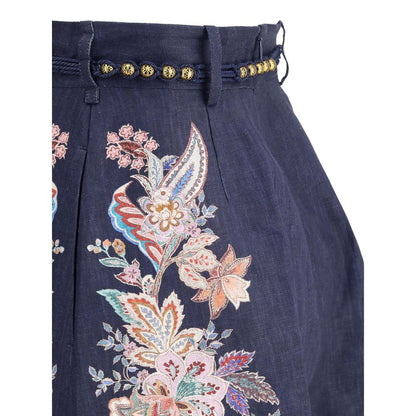 Zimmermann White Linen Bermuda Shorts with multicolored paisley design and scalloped hem, featuring a knotted waistband for a customized fit.