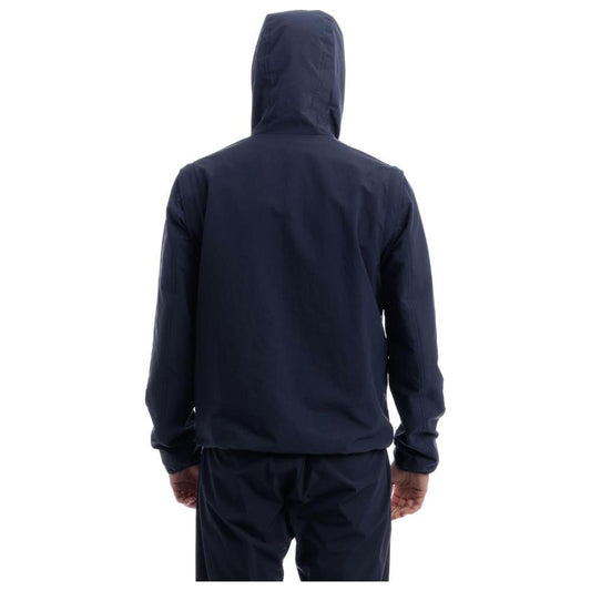 Back view of a Herno blue nylon jacket with hood and removable sleeves, featuring internal mesh lining and two side pockets.