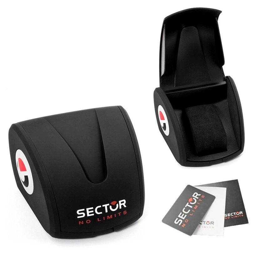 SECTOR Mod. ADV2500 wristwatch box with logo and warranty card shown.
