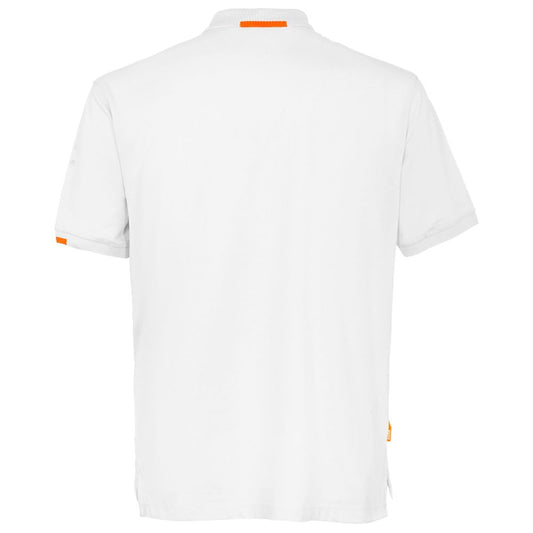 Back view of Suns white cotton polo shirt, featuring short sleeves and a classic collar.